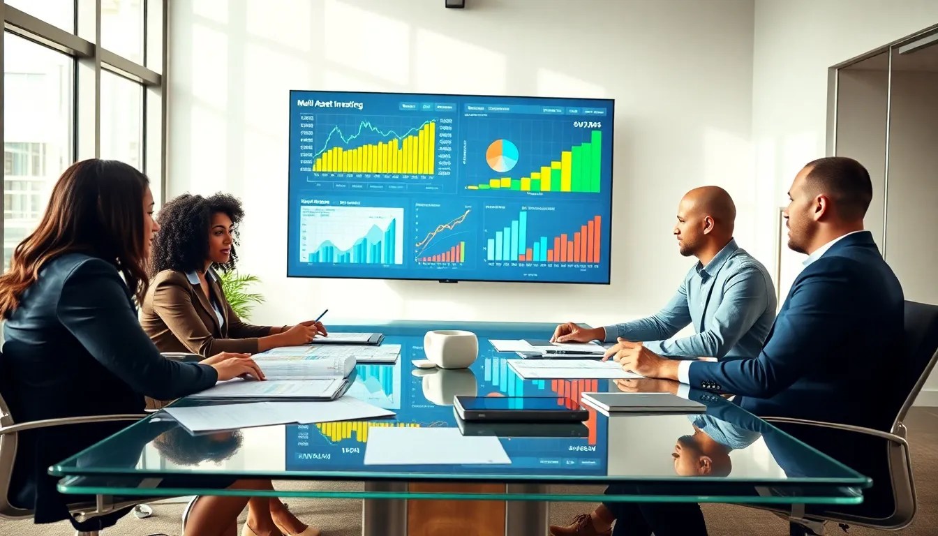 diverse team discussing multi asset investment strategies in a modern office.