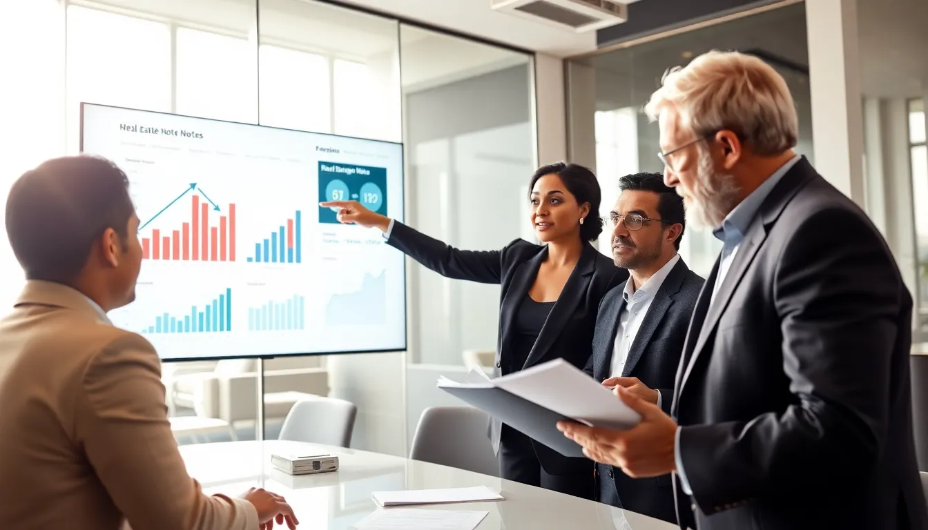 diverse investors discussing real estate note investing in a modern office.