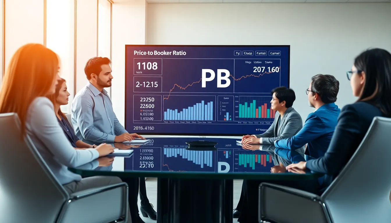 diverse team discussing price-to-book ratio in a modern office.