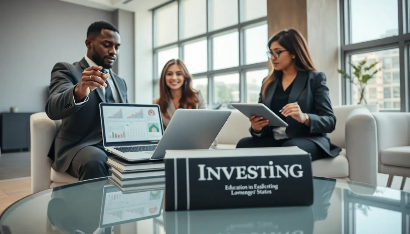diverse professionals discussing real estate investing in a modern office.