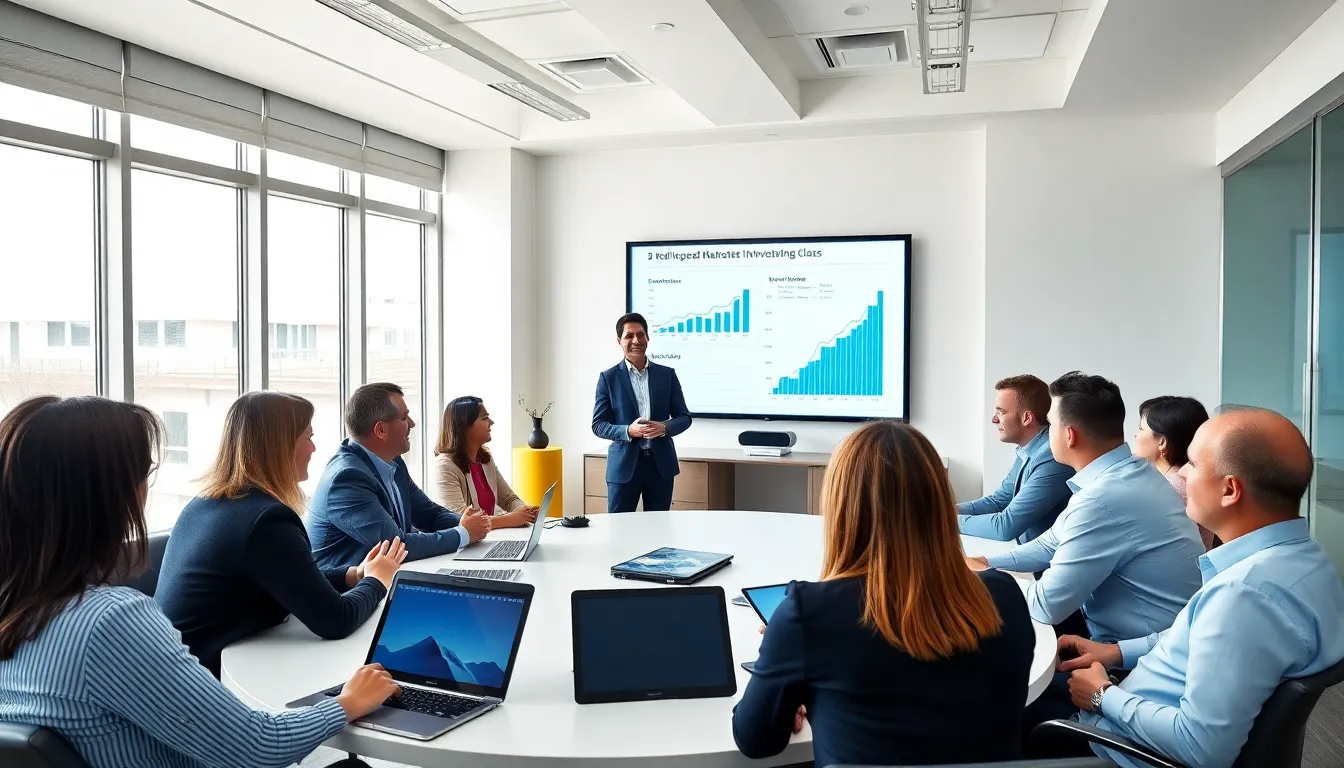 diverse adults learning about real estate investing in a modern classroom.