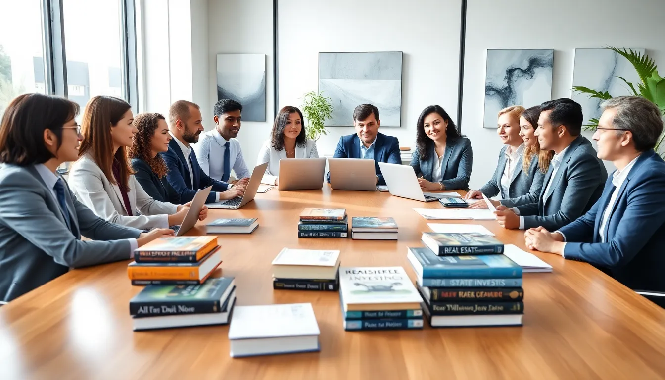 diverse professionals discussing real estate investing in a modern office.